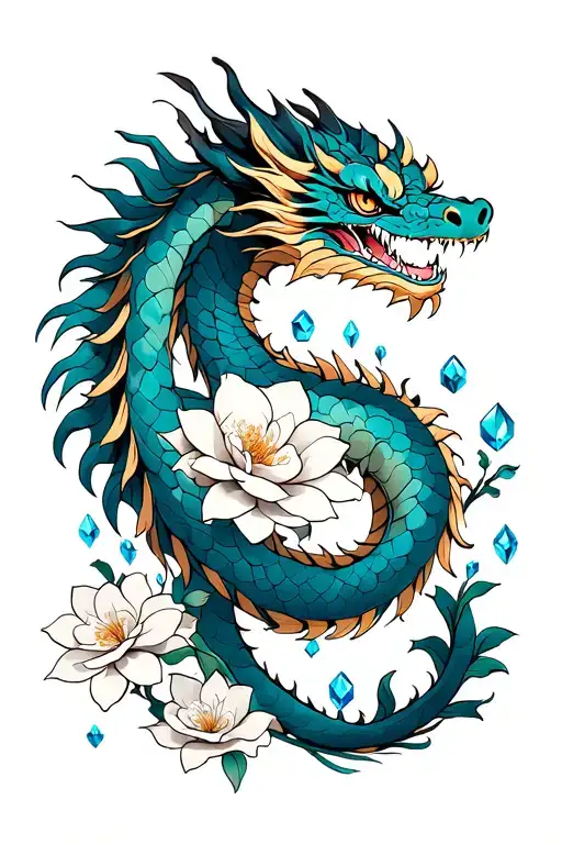 Japanese Style Dragon Surrounded By Gardenias And Blue Zircon Crystals