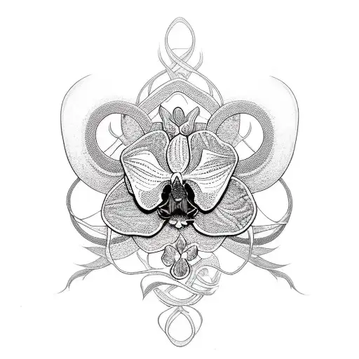 An Intricate Blackwork Design Of An Orchid Flower Intertwined With The Letter M