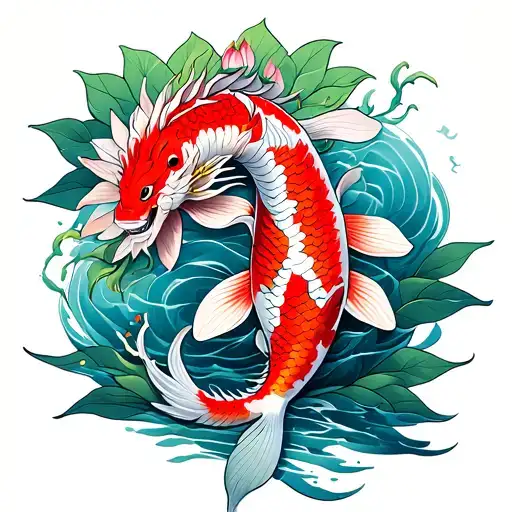Koi Fish With Lotus Flowers Around It Swimming Towards A Red Dragon