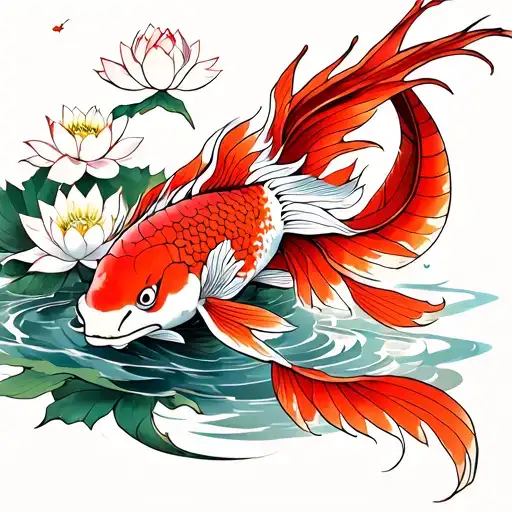Koi Fish With Lotus Swimming Towards A Red Dragon Flying
