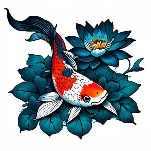 Koi Fish With Lotus Flowers