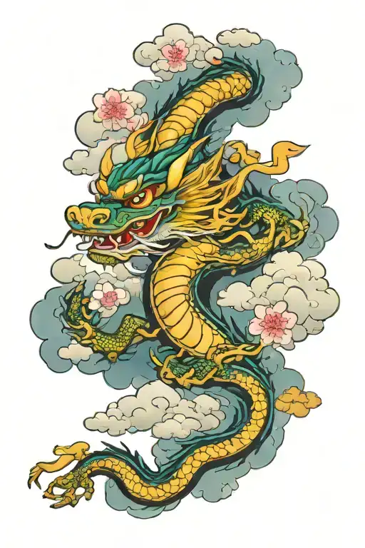 Oriental Dragon And Clouds With Cherry Blossom