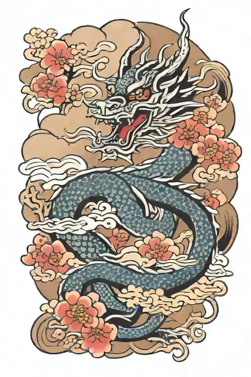 Oriental Dragon And Clouds With Cherry Blossom