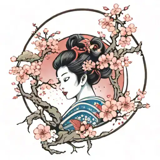 Cherry Blossom Tree With A Geisha Underneath Swirling Into Space