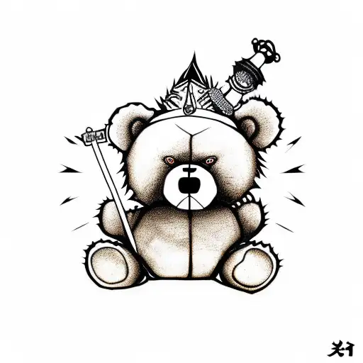 Evil Teddy Bear With X''s For Eyes Holding A Spiked Mace In One Hand