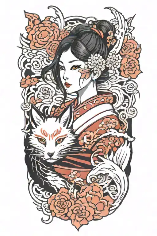 Beautifull Women With Kitsune Mask Split In Half Sleeve
