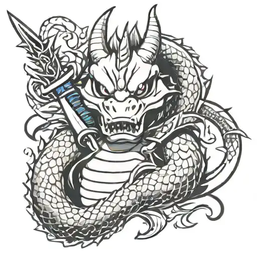 Dragonite Wearing An Oni Mask Weilding A Dagger With The Inscription For Number 149