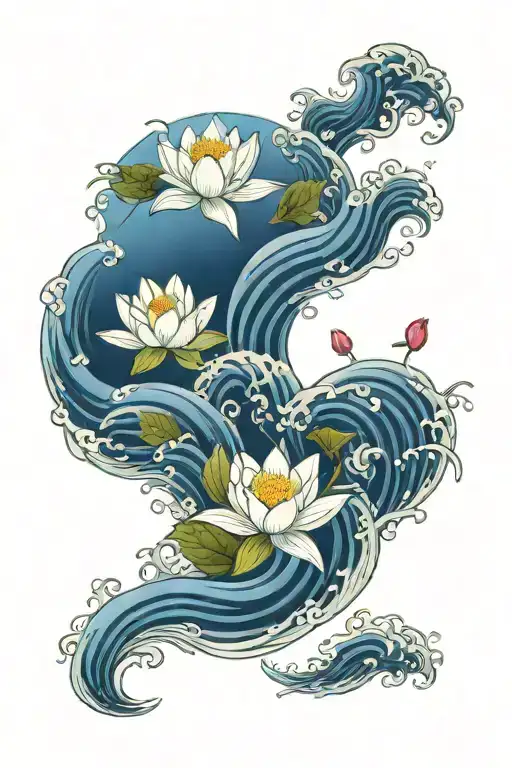 Japanese Waves And Lotus Flower And Lily Of The Valley Flower