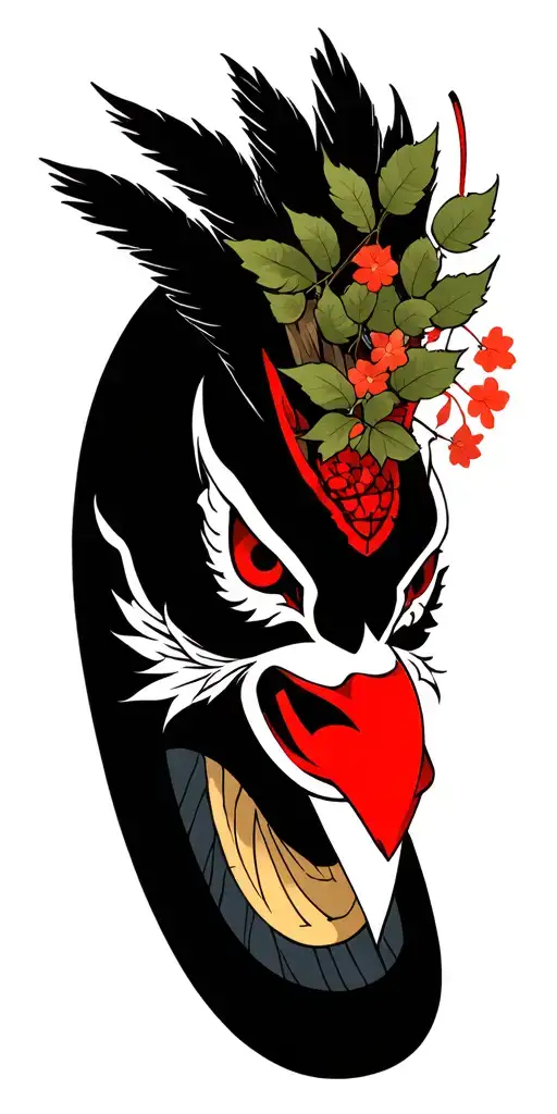 Japanese Style Tengu Mask With Wind Maand Tree Leaves