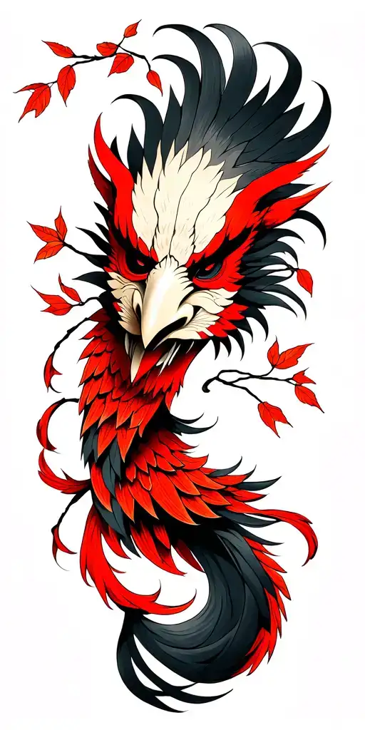 Japanese Tengu Mask With Wind And Falling Tree Leaves