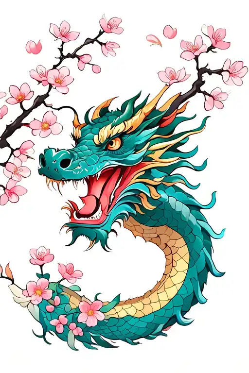 Dragon With Cherry Blossom Flowers