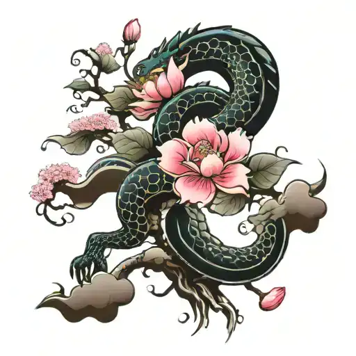 Japanese Inspired Arm Sleeve Tattoo With Cherry Blossom Tree Lotus Flowers Waves And Dragon