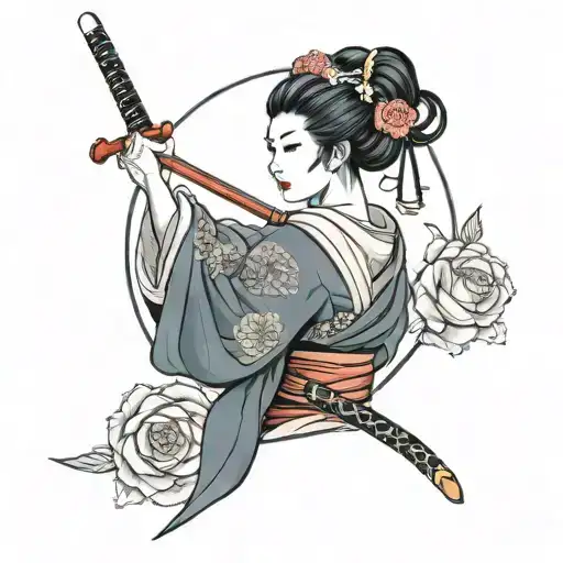 Geisha With A Sword And Rose