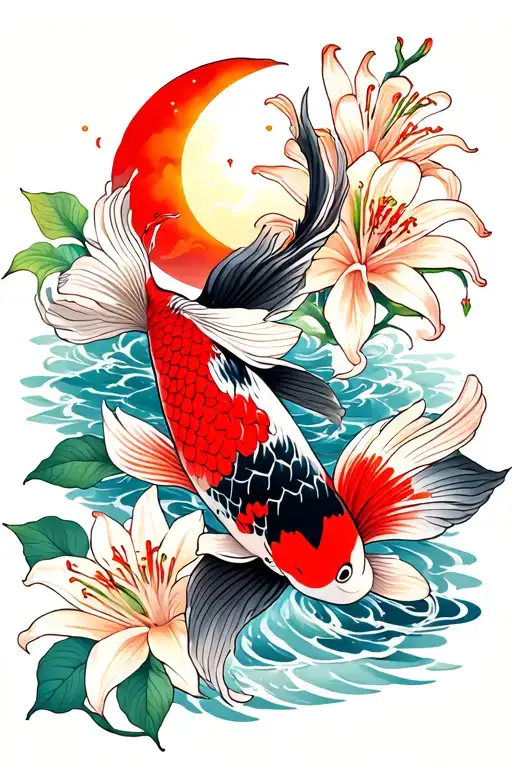 Koi Fish Sun And Moon Also Red And Black Spider Lily's And Cherry Blossoms