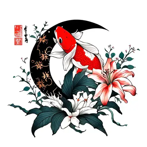 Koi Fish Sun And Moon Also Red And Black Spider Lily's And Cherry Blossoms