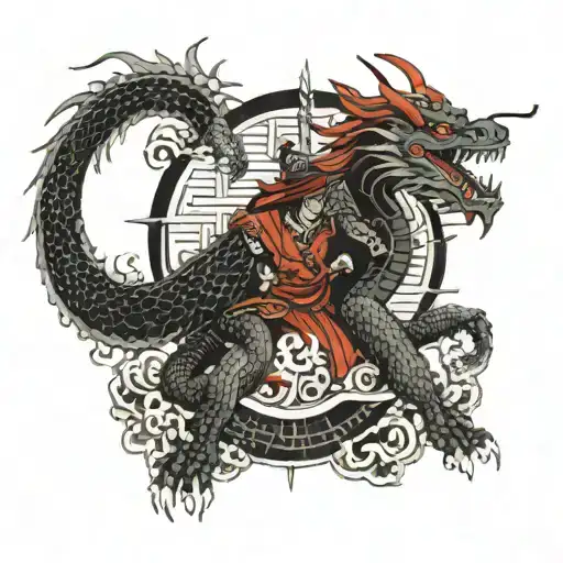 Japanese Backpiece Female Samurai Black And Red With Ferocious Dragon