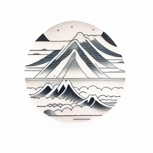 A Minimalist Tattoo Of A Serene Sea Scene With A Mountain In The Background