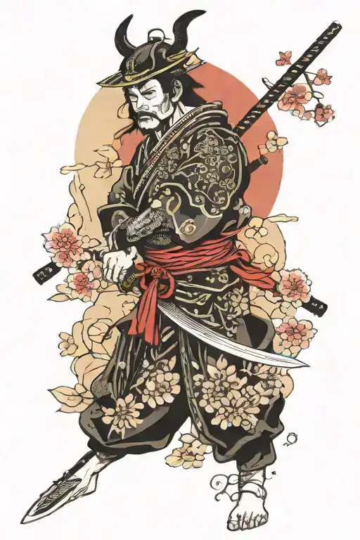 Samurai And Cherry Blossom Branch
