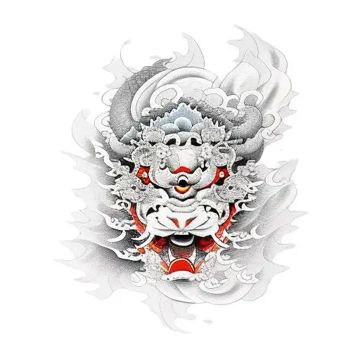 Koi Fish With Half Hannya Mask With Waves And Cherry Blossom Leafs And Flowers Falling