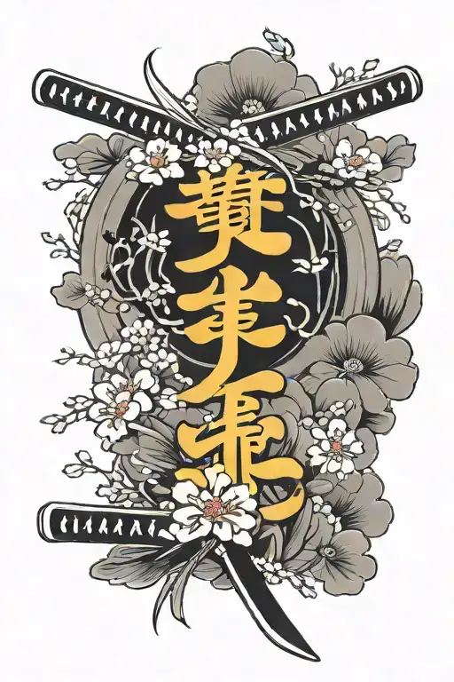 Kaizen Kanji With Katana And Sakura Blossom