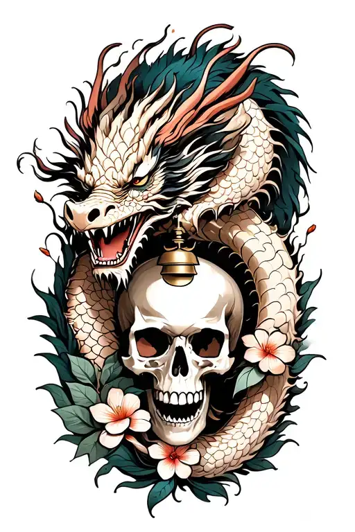 Japanese Dragon Ripping Open To Skull And Asian Flowers And Bell