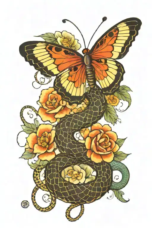 Butterfly On A Flower And A Snake Coiled