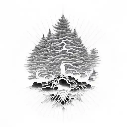 Black Pine Forest With Crepascular Rays Coming Through