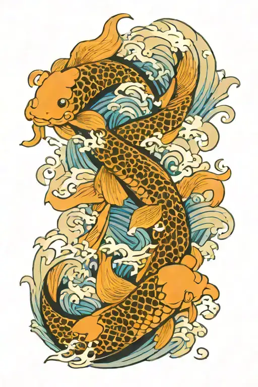 Japanes Waves Blosom With Koi Fish Swimming