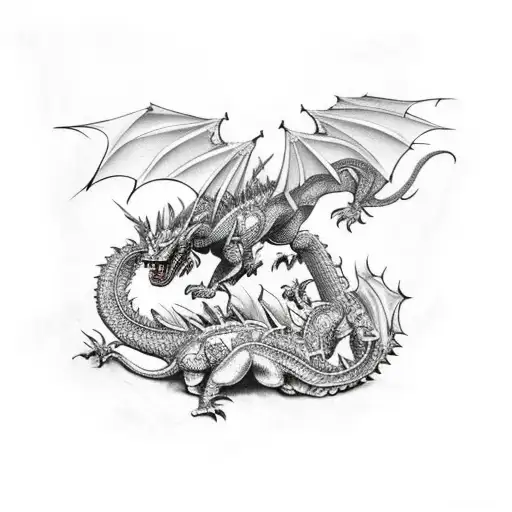 A Fierce Dragon Fighting A Knight In A Medieval Battlefield