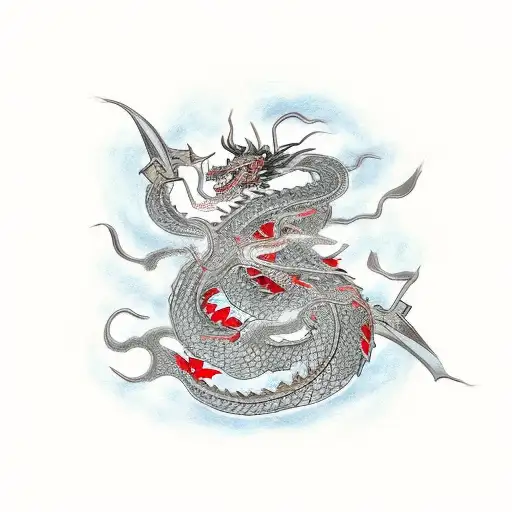 Dragon Wrapped Around A Cherry Blossom Tree Fighting An Oni In Samurai Armor