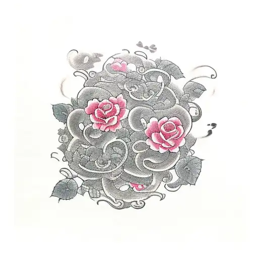 Horizontal Vine With Roses With The Word Karma Over It