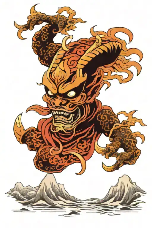 Sun And Crane And Oni Mask And Japanese Torri And Hannya Mask