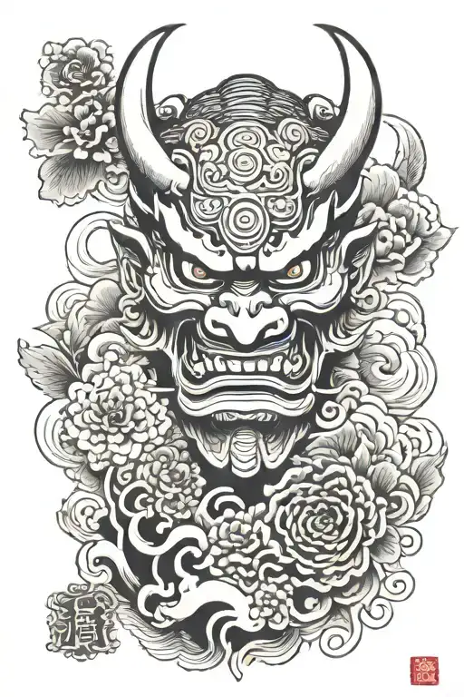 Oni Mask And Japanese Oni Mask And Sun And Japanese Crane