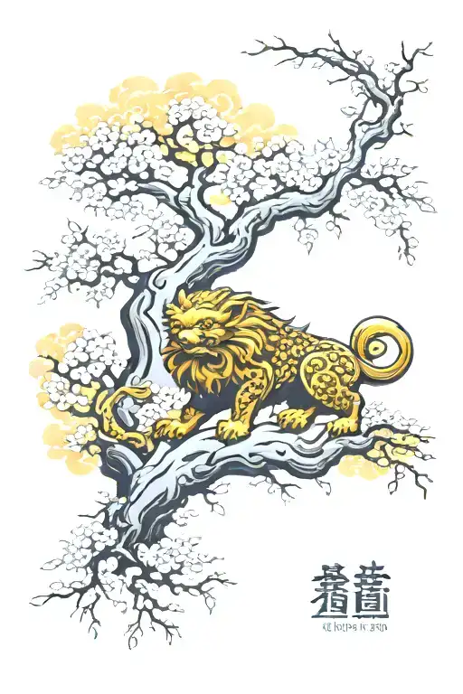 Japanese Foo Dog Under Tree Of Life