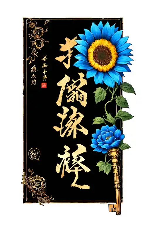 Monica Name In Chinese Letter With Kintsugi Features Next To An Old Key And A Sunflower