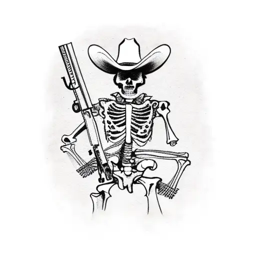 Cowboy Skeleton With Vest On And Revolver Gun In His Hand