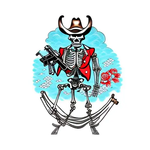 Cowboy Skeleton With Vest On And Revolver Gun In His Hand