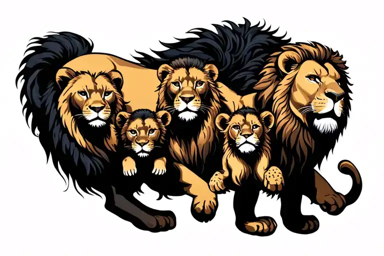 Arm Slewve With Lion With His Three Cubs Andpositive Life With Lioness Going Down