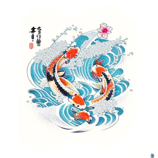 Wave Background With Koi Fish And Japanese Flowers Cherry Blossom Chrysanthemum
