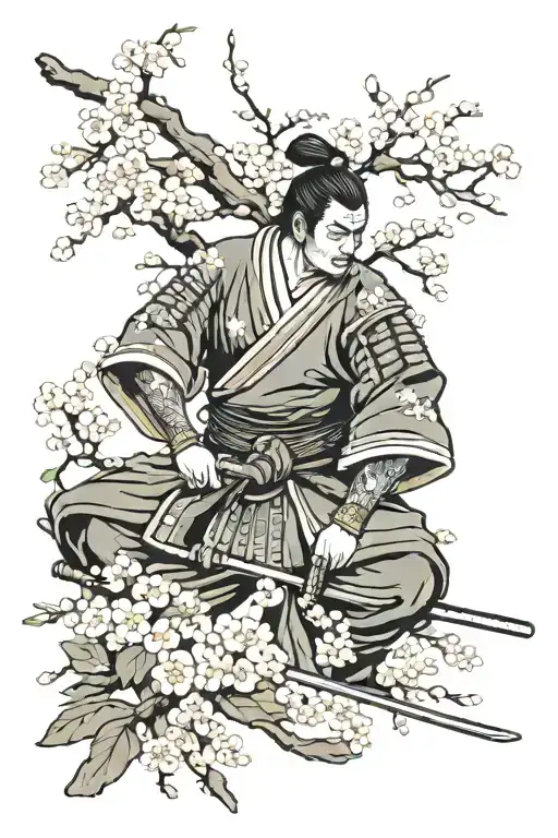 Japanese Samurai Warrior Surrounded By Cherry Blossom Tree