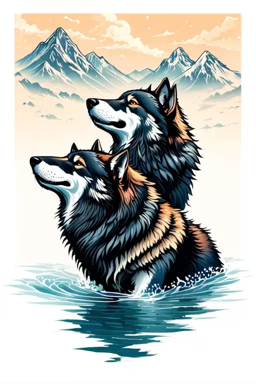 Wolf Pack Howling Mountains Water