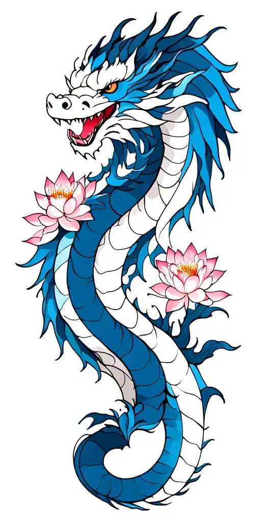 White And Blue Dragon With Lotus Blossom And Cherry Blossom Tree