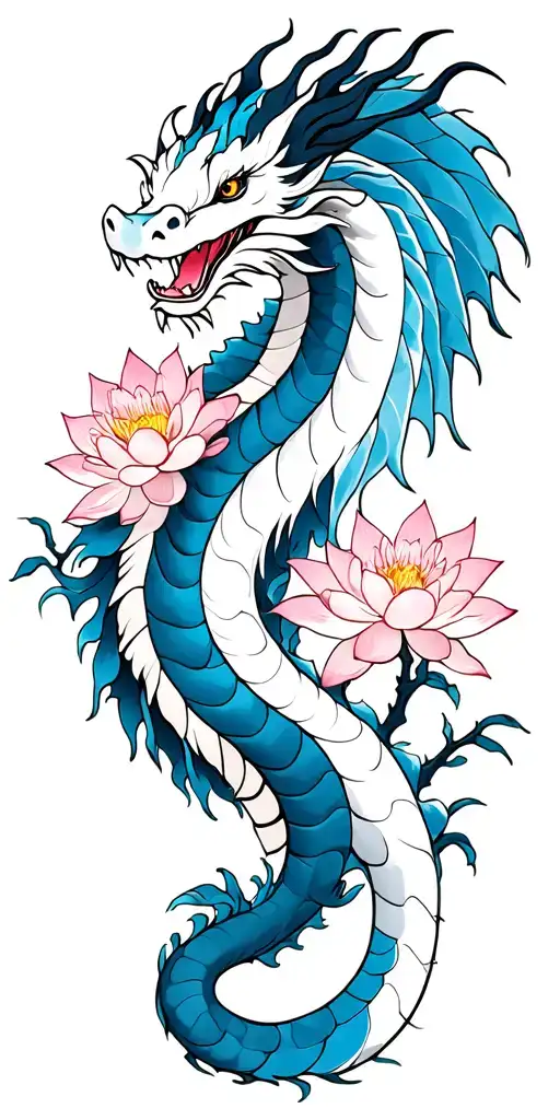 White And Blue Dragon With Lotus Blossom And Cherry Blossom Tree