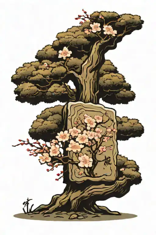 Cherry Blossom Tree With A Headstone Near