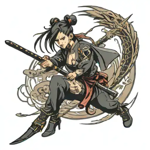 Cyberpunk Woman Holding Katana Flying Full Body