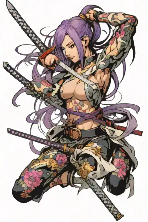 Cyborg Woman Holding Katana Flying Full Body Purple Hair