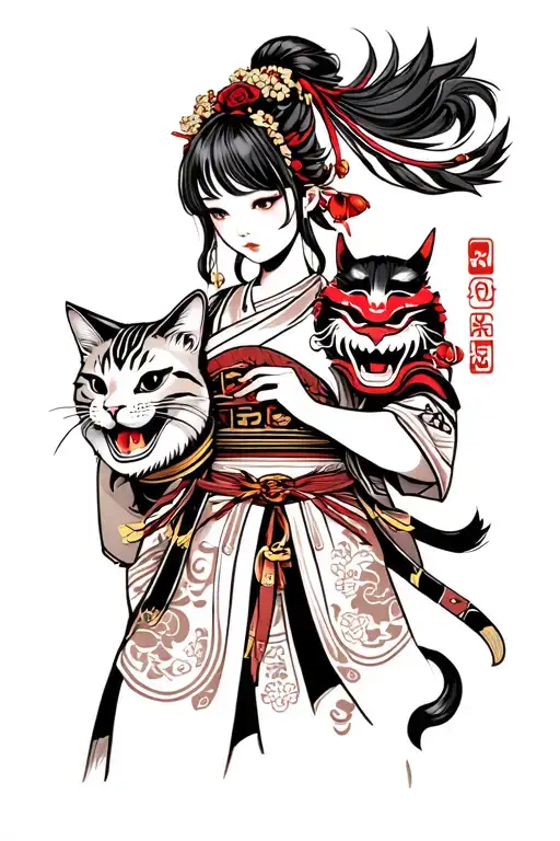 Samurai Girl Holding A Oni Mask With A Cat Curled