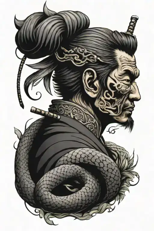 Samurai Head With Katana At The Back And Snake Around It
