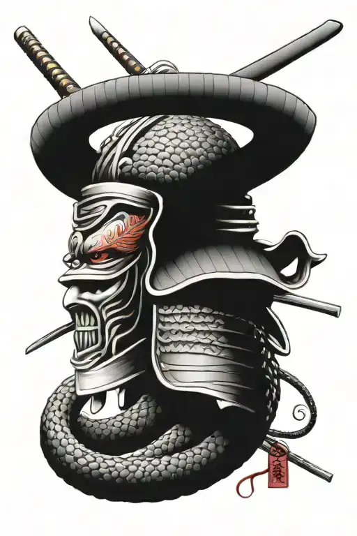 Samurai Helmet With Katana At The Back And Snake Around It