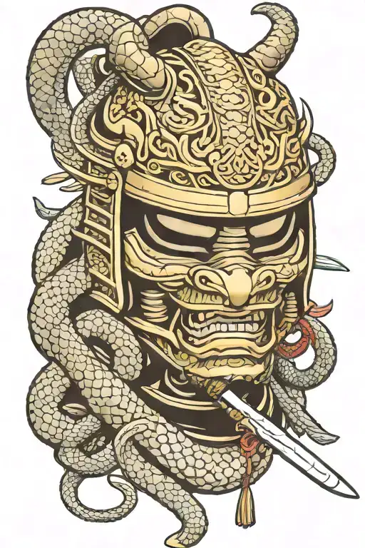 Samurai Helmet With Katana At The Back And Snake Around It